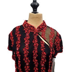 adrianna papell Silk Beaded Top XL Semi Sheer Black Asian Y2K NWT Maximalist